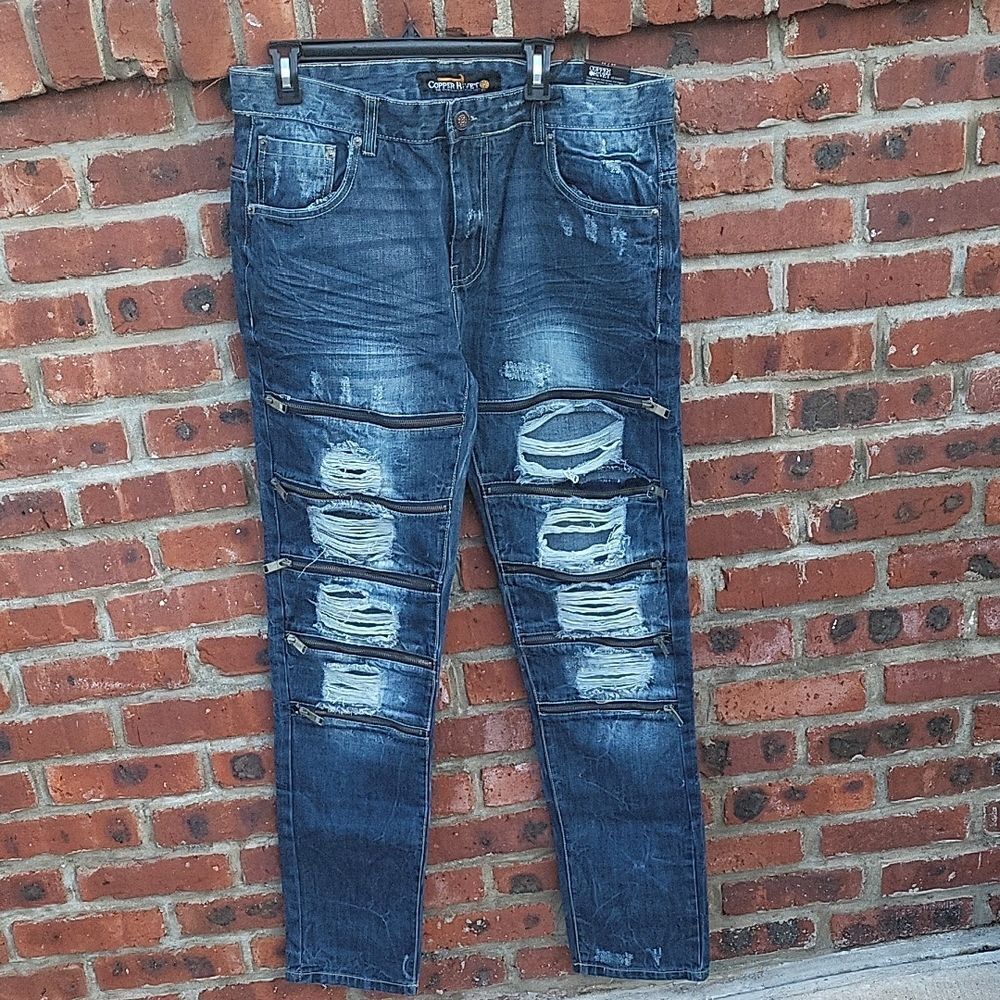Men's Ripped Denim Jeans in Deep Blue